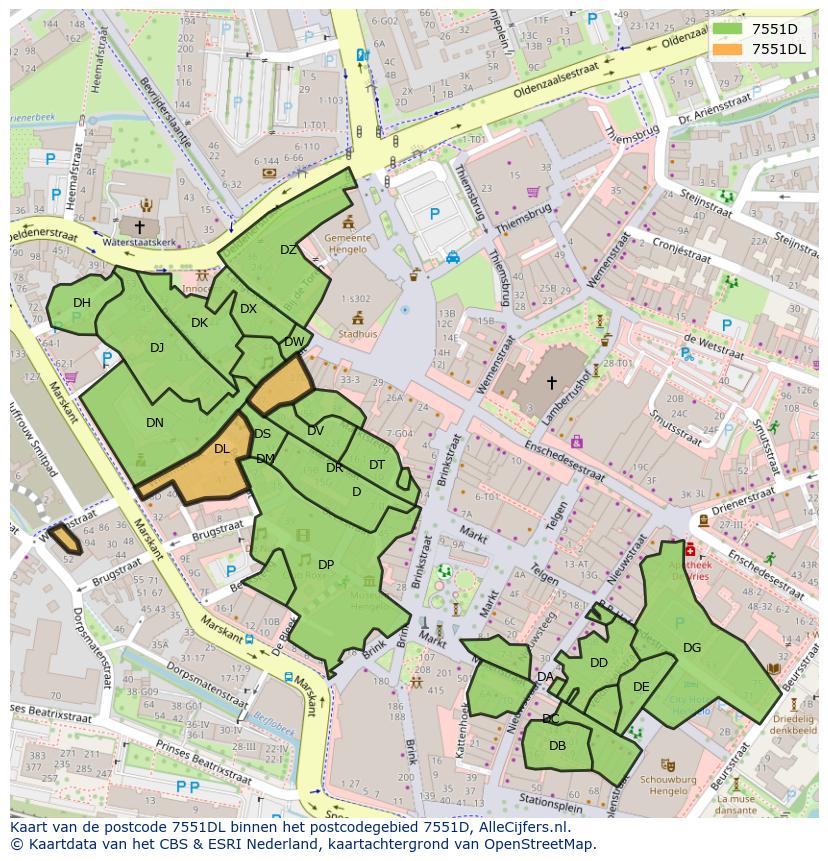 Afbeelding van het postcodegebied 7551 DL op de kaart.