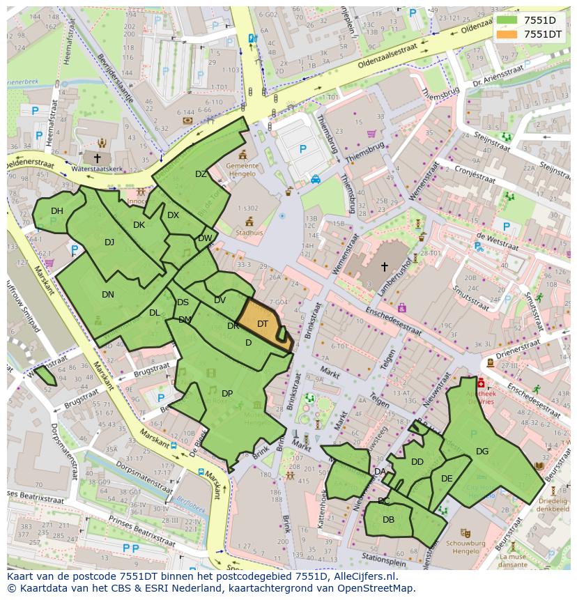 Afbeelding van het postcodegebied 7551 DT op de kaart.
