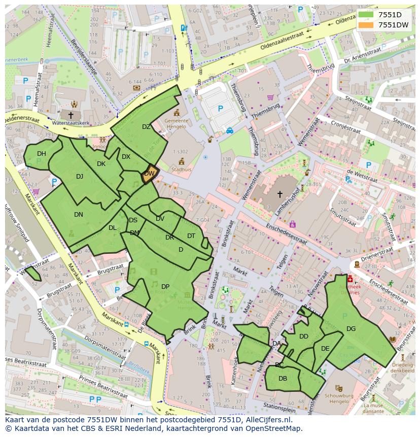 Afbeelding van het postcodegebied 7551 DW op de kaart.