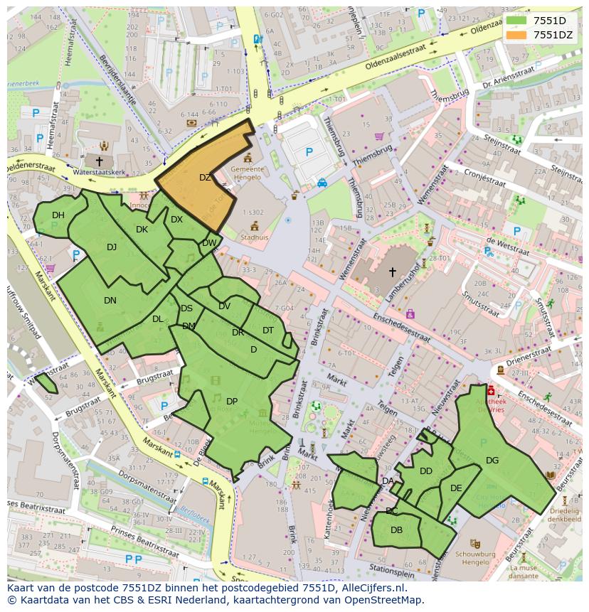 Afbeelding van het postcodegebied 7551 DZ op de kaart.