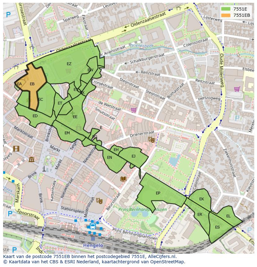 Afbeelding van het postcodegebied 7551 EB op de kaart.