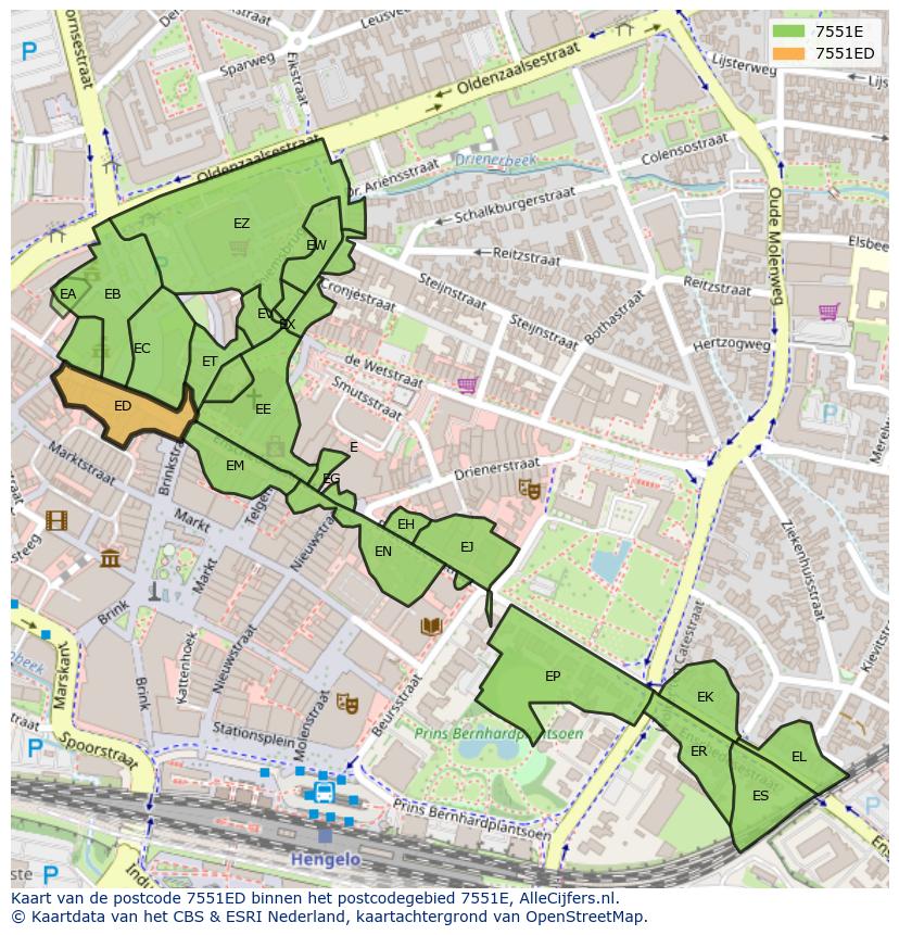 Afbeelding van het postcodegebied 7551 ED op de kaart.
