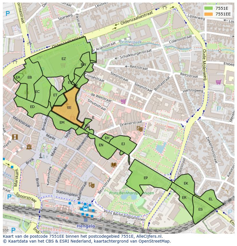 Afbeelding van het postcodegebied 7551 EE op de kaart.