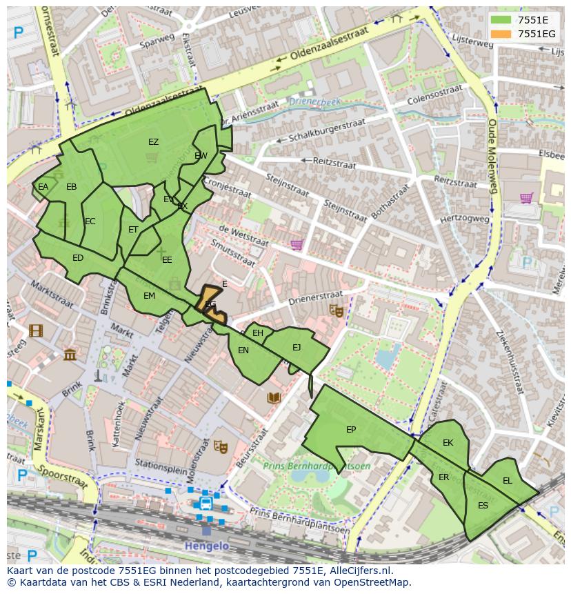 Afbeelding van het postcodegebied 7551 EG op de kaart.
