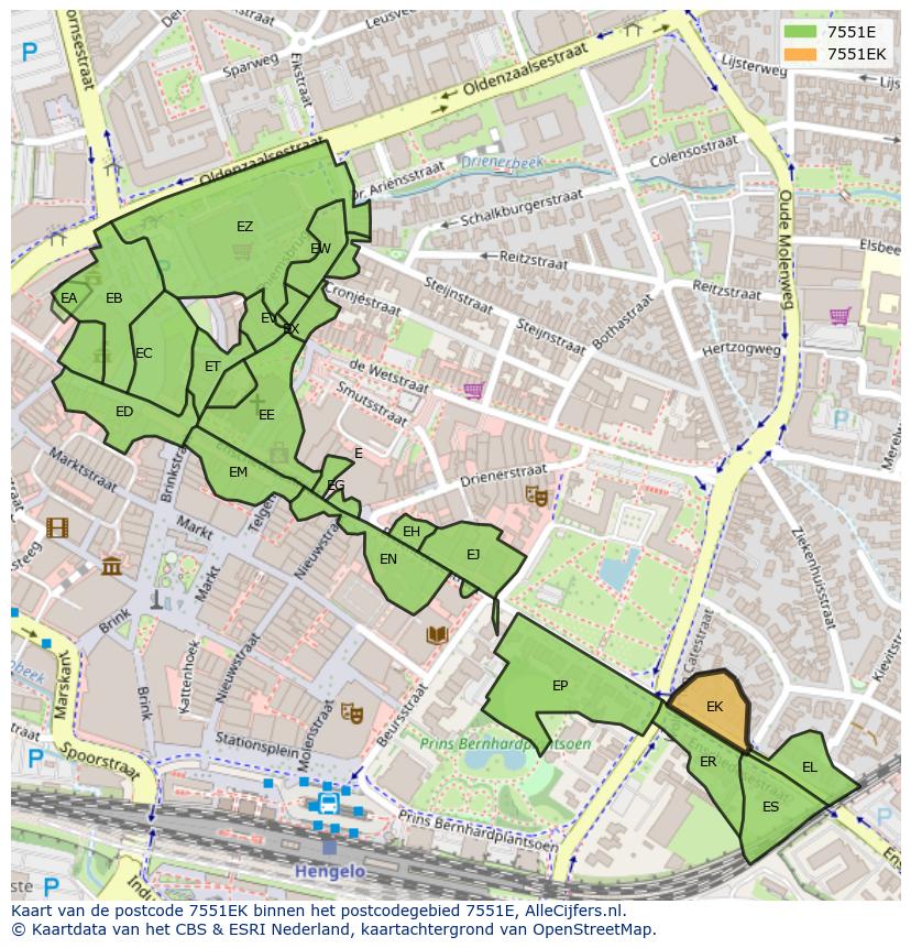 Afbeelding van het postcodegebied 7551 EK op de kaart.
