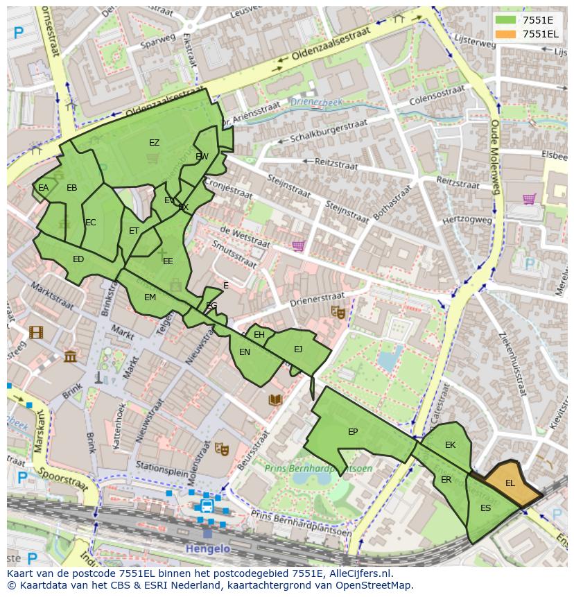 Afbeelding van het postcodegebied 7551 EL op de kaart.