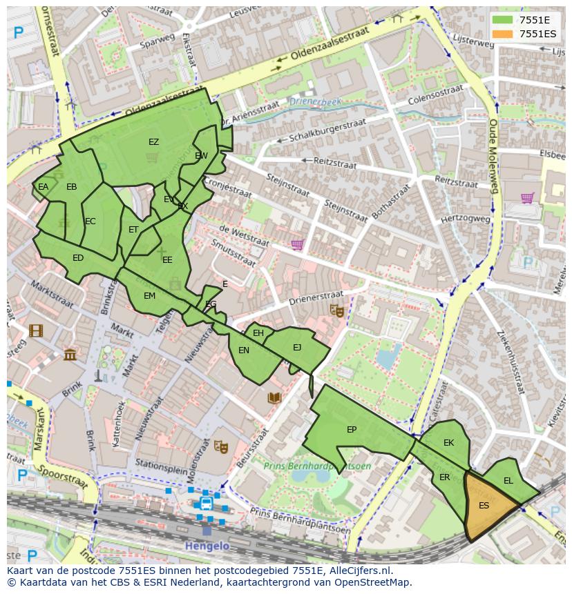 Afbeelding van het postcodegebied 7551 ES op de kaart.