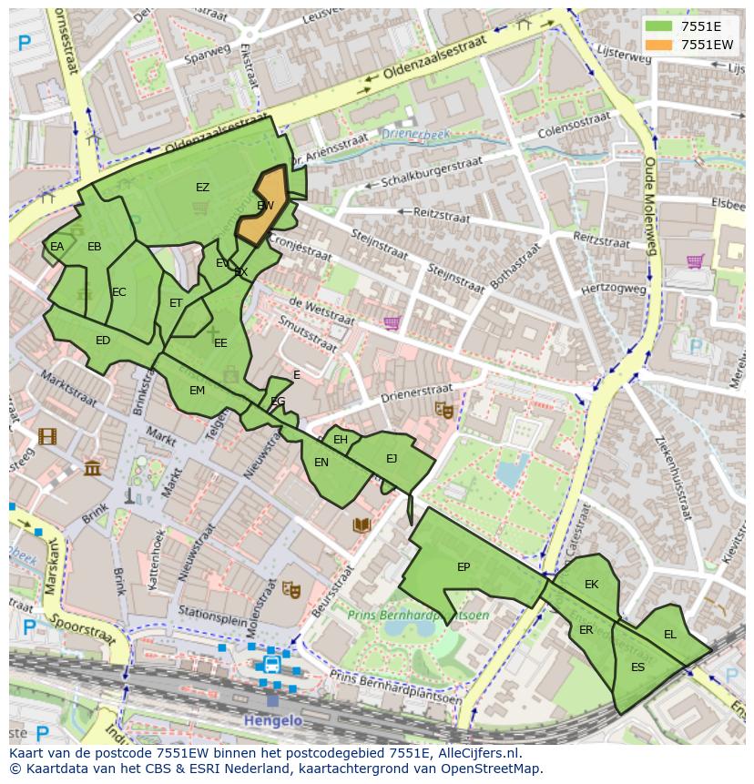 Afbeelding van het postcodegebied 7551 EW op de kaart.