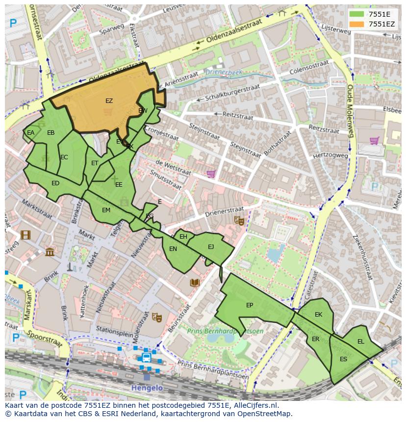 Afbeelding van het postcodegebied 7551 EZ op de kaart.