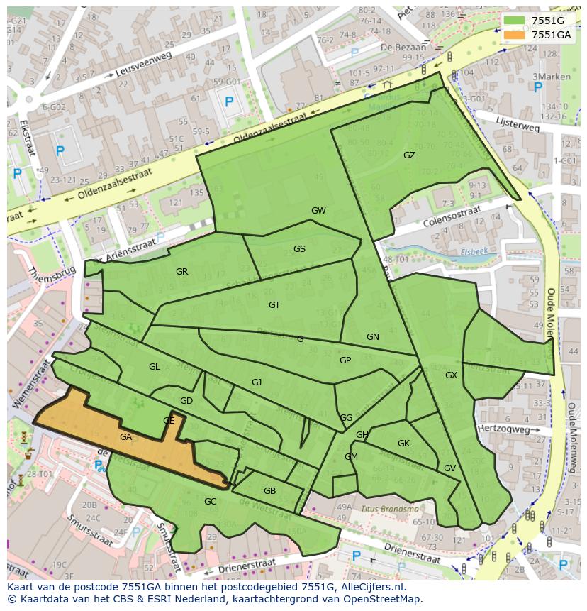 Afbeelding van het postcodegebied 7551 GA op de kaart.
