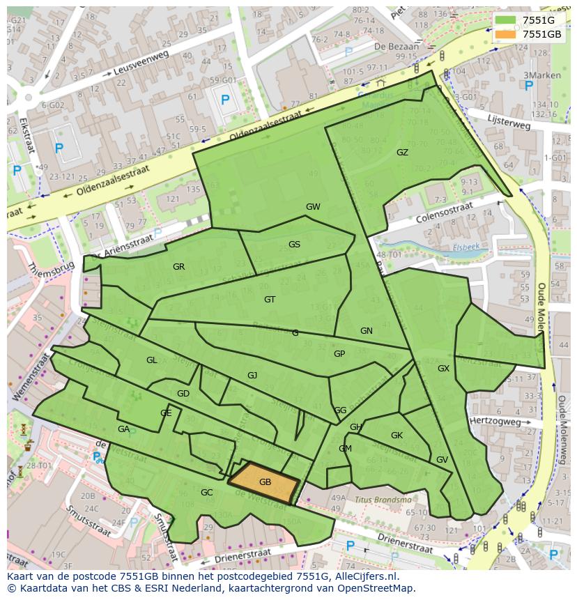 Afbeelding van het postcodegebied 7551 GB op de kaart.