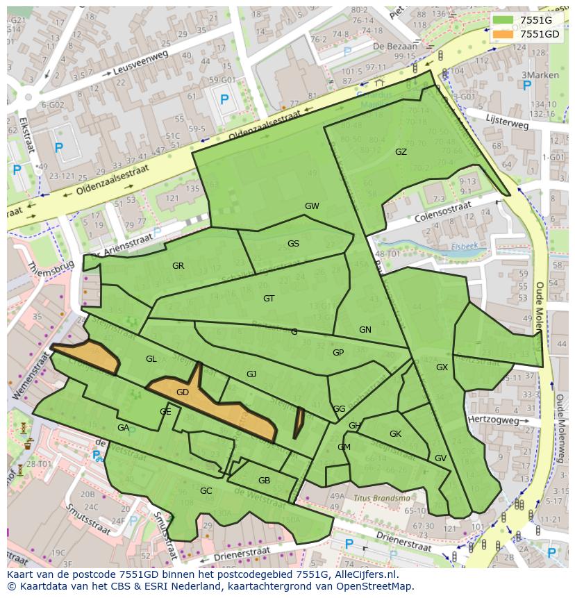Afbeelding van het postcodegebied 7551 GD op de kaart.