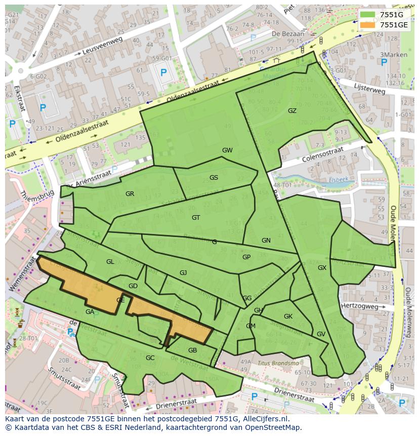 Afbeelding van het postcodegebied 7551 GE op de kaart.