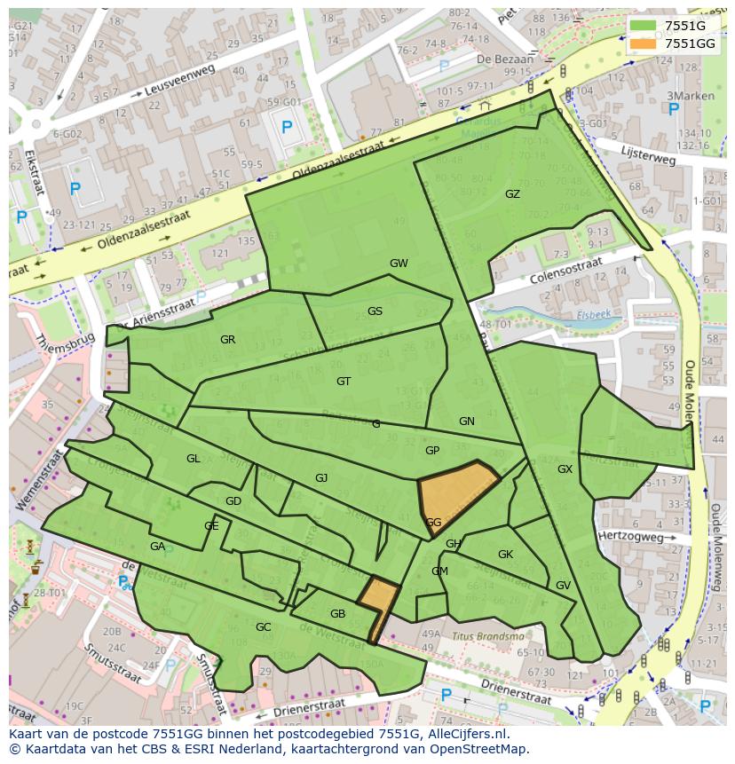 Afbeelding van het postcodegebied 7551 GG op de kaart.