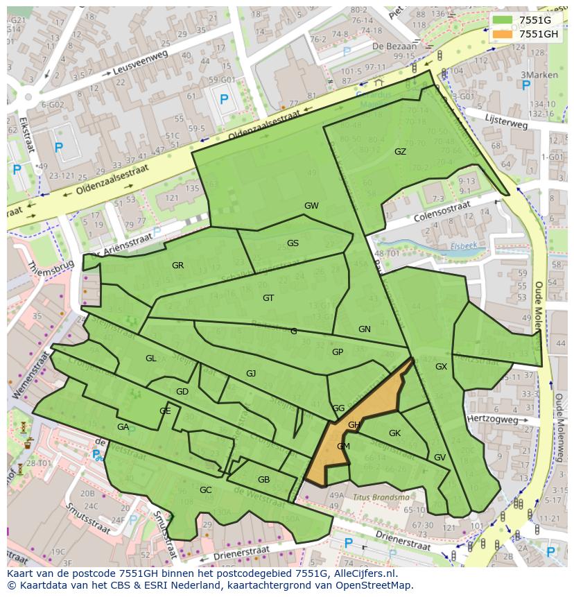 Afbeelding van het postcodegebied 7551 GH op de kaart.