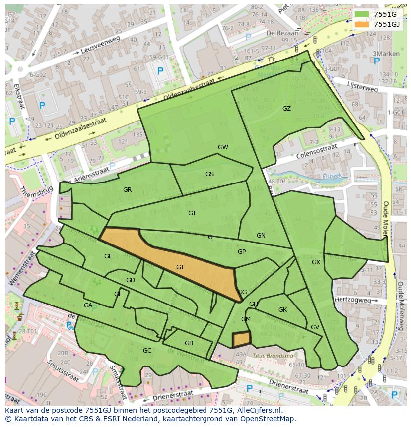 Afbeelding van het postcodegebied 7551 GJ op de kaart.
