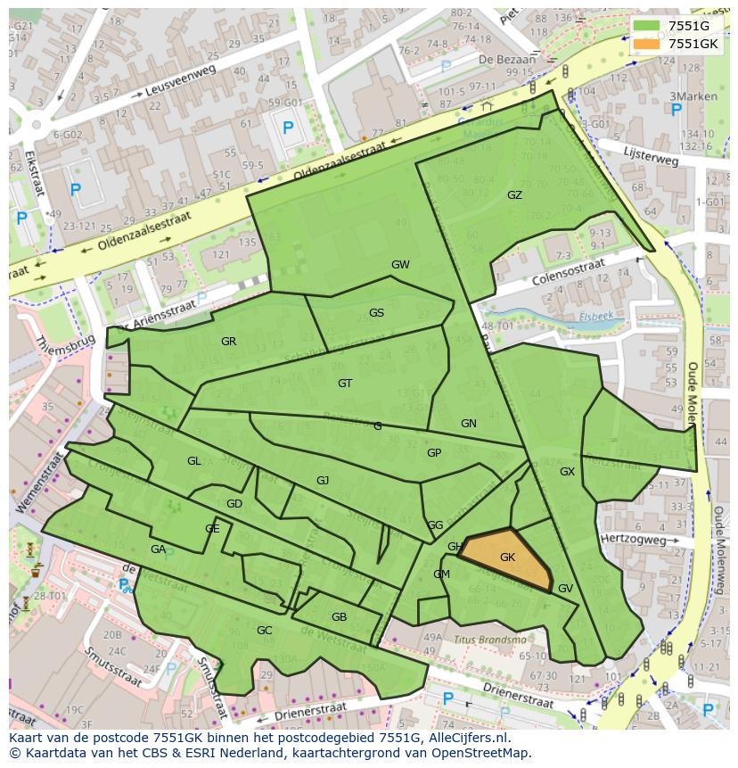 Afbeelding van het postcodegebied 7551 GK op de kaart.