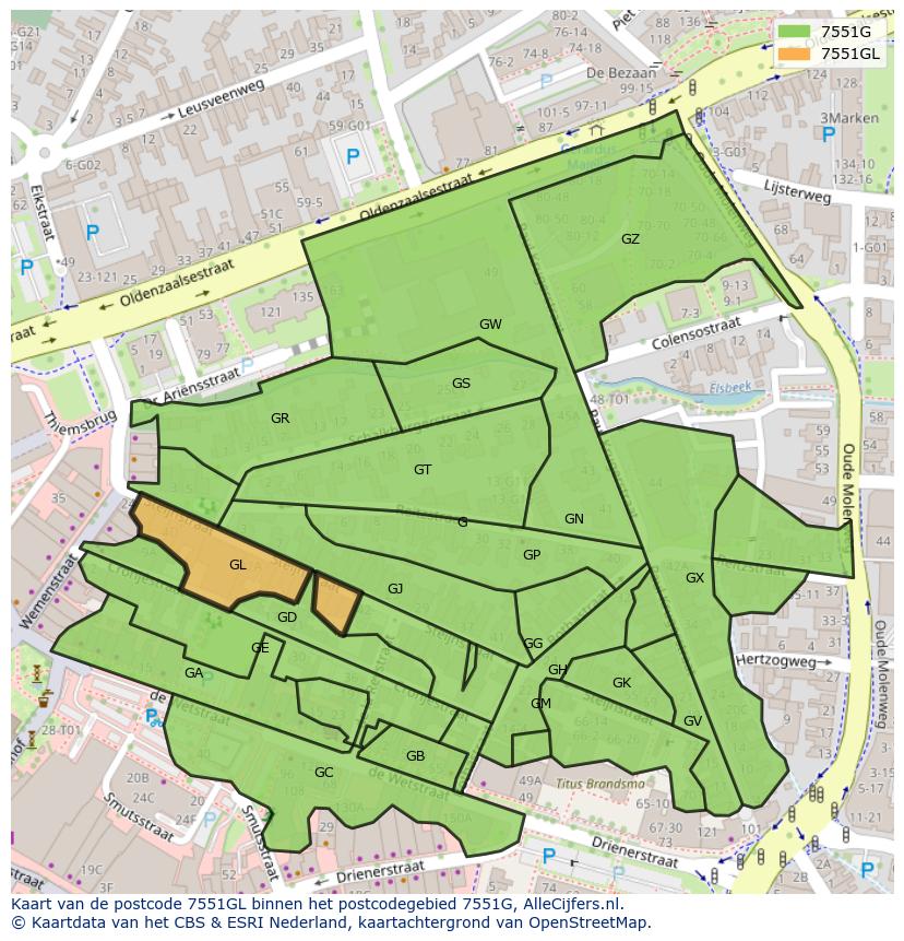 Afbeelding van het postcodegebied 7551 GL op de kaart.