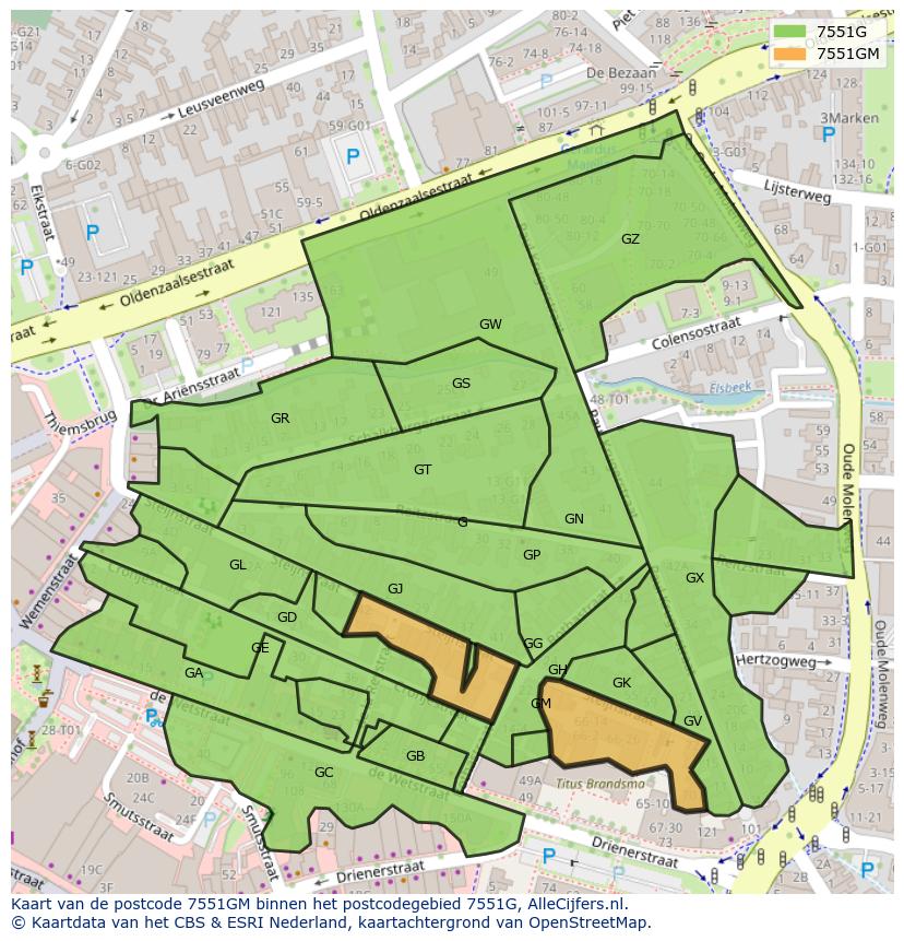 Afbeelding van het postcodegebied 7551 GM op de kaart.