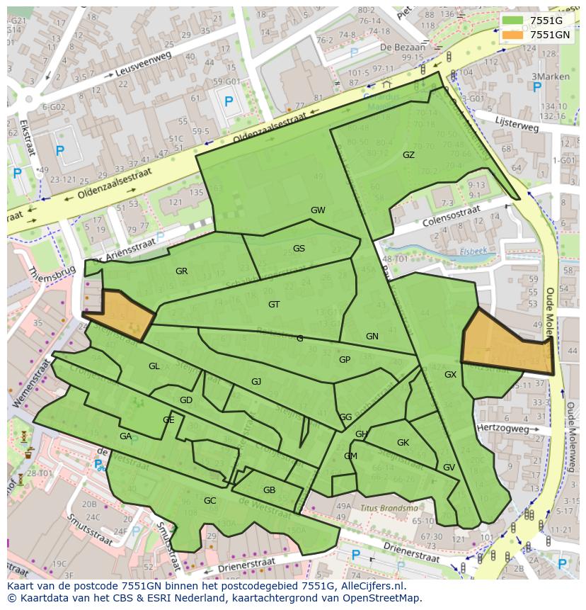 Afbeelding van het postcodegebied 7551 GN op de kaart.