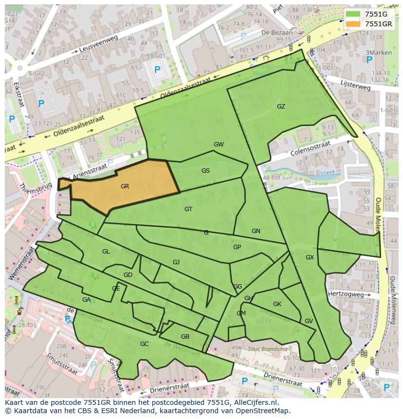 Afbeelding van het postcodegebied 7551 GR op de kaart.