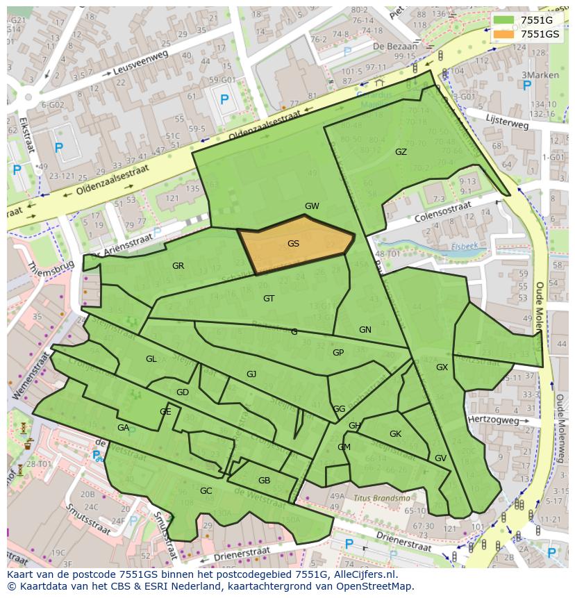 Afbeelding van het postcodegebied 7551 GS op de kaart.