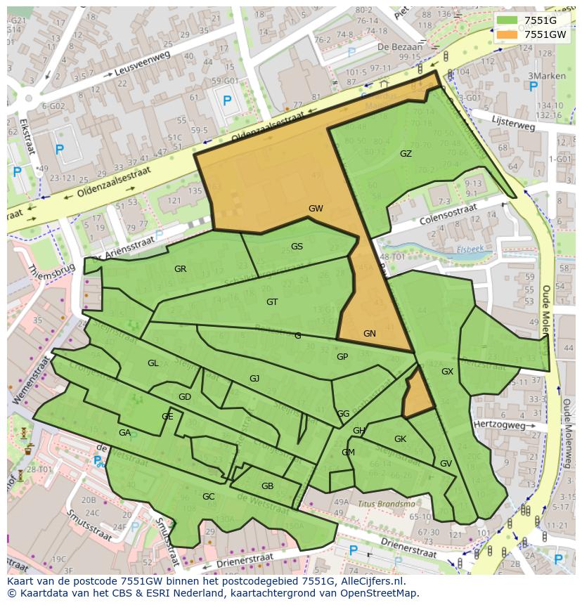 Afbeelding van het postcodegebied 7551 GW op de kaart.