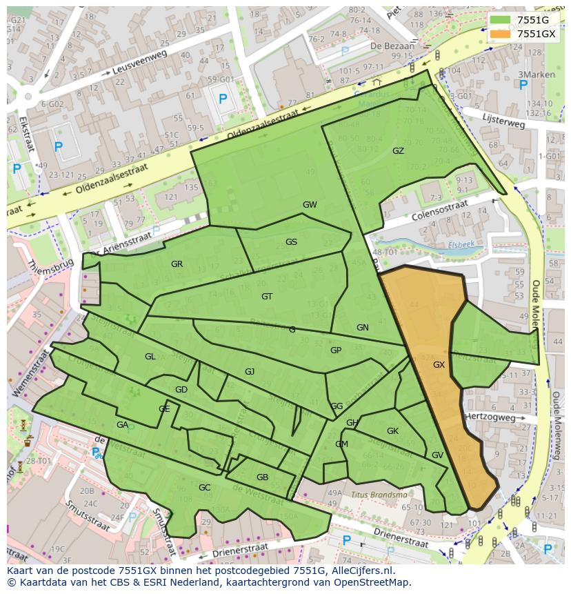 Afbeelding van het postcodegebied 7551 GX op de kaart.