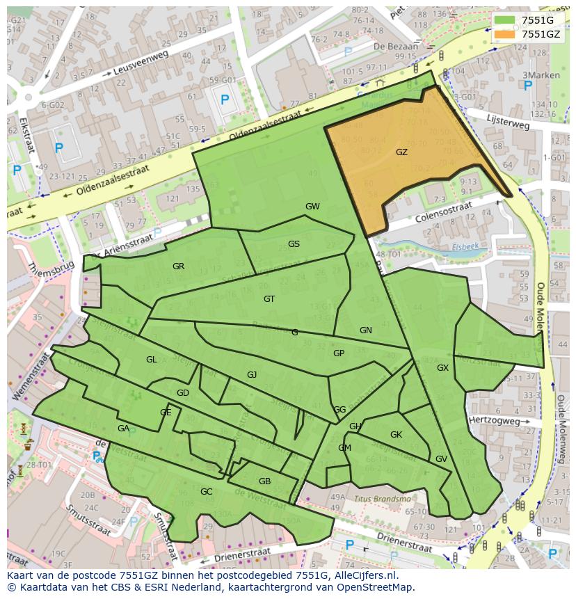 Afbeelding van het postcodegebied 7551 GZ op de kaart.