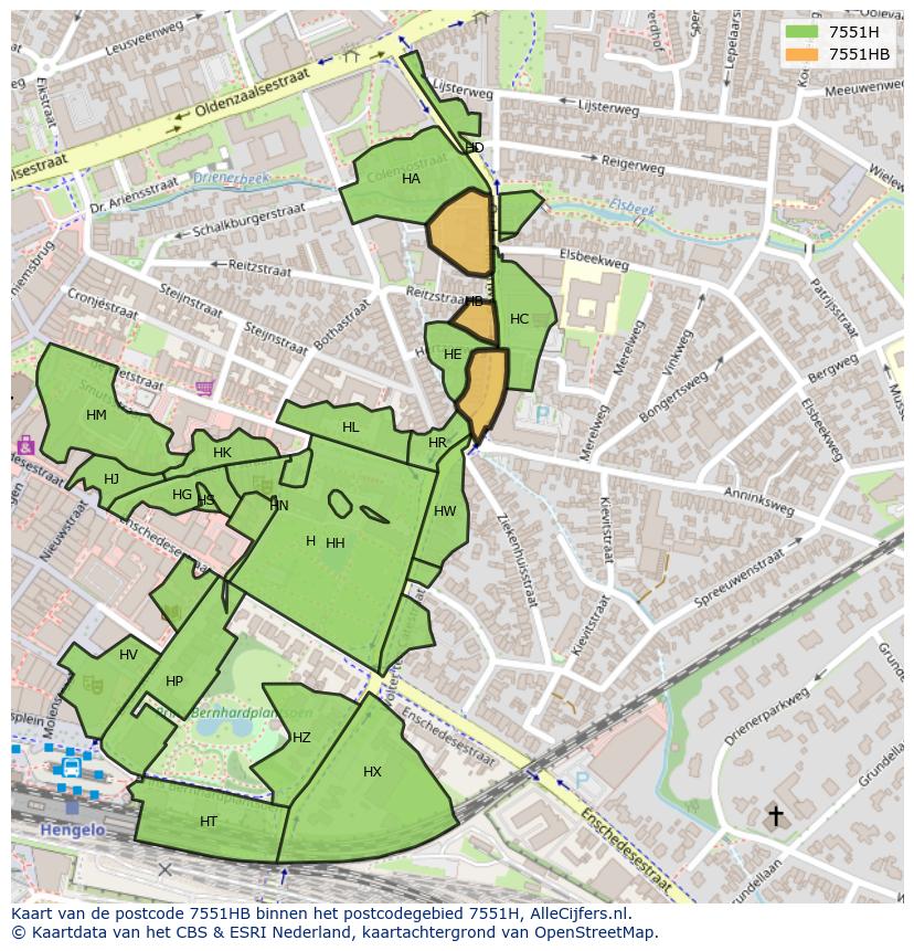 Afbeelding van het postcodegebied 7551 HB op de kaart.