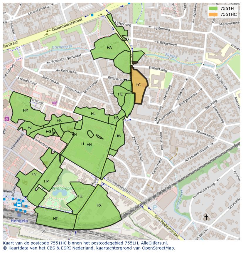 Afbeelding van het postcodegebied 7551 HC op de kaart.