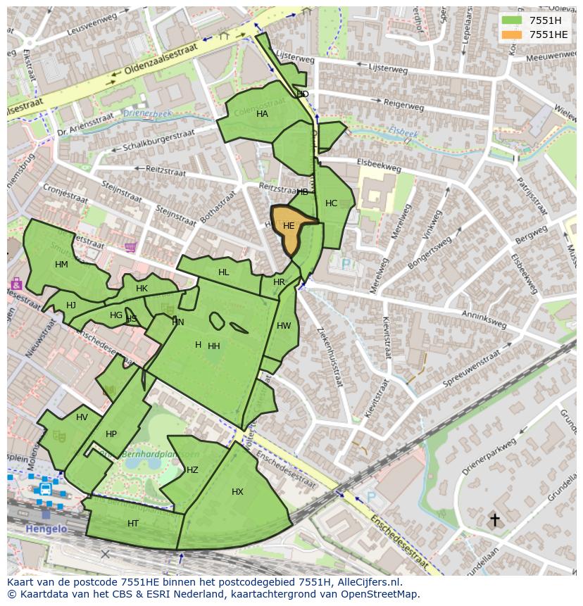 Afbeelding van het postcodegebied 7551 HE op de kaart.