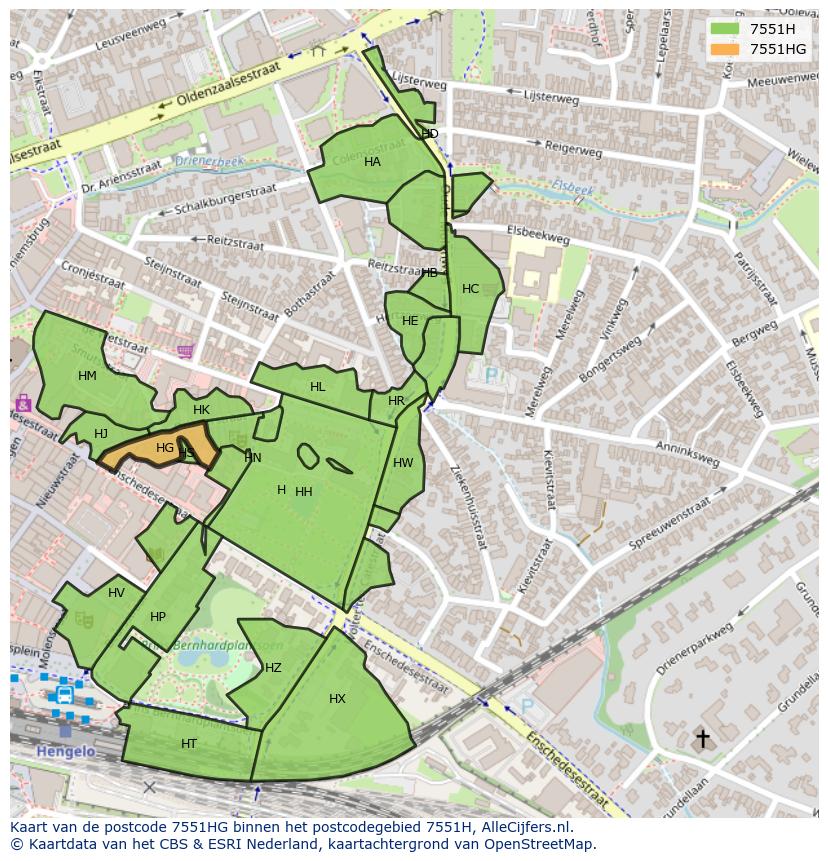 Afbeelding van het postcodegebied 7551 HG op de kaart.