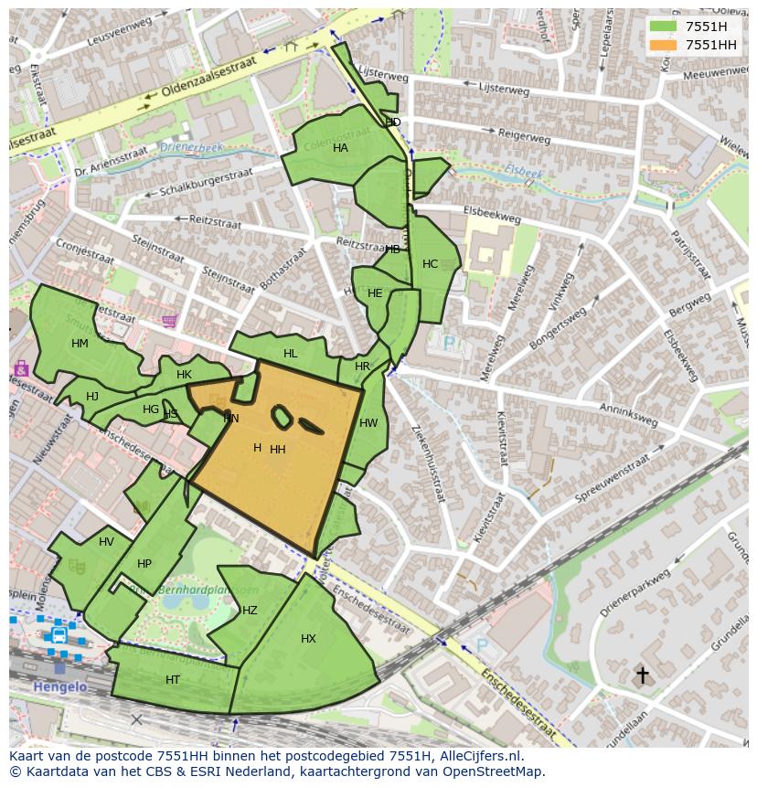 Afbeelding van het postcodegebied 7551 HH op de kaart.
