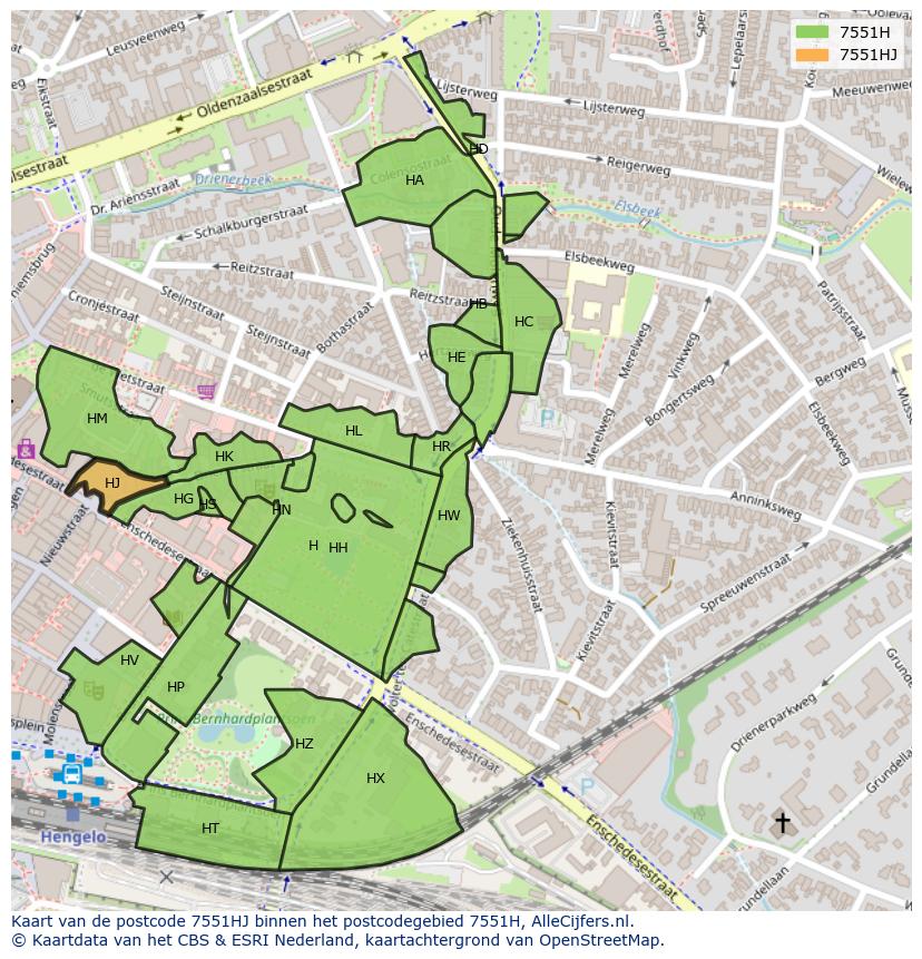 Afbeelding van het postcodegebied 7551 HJ op de kaart.