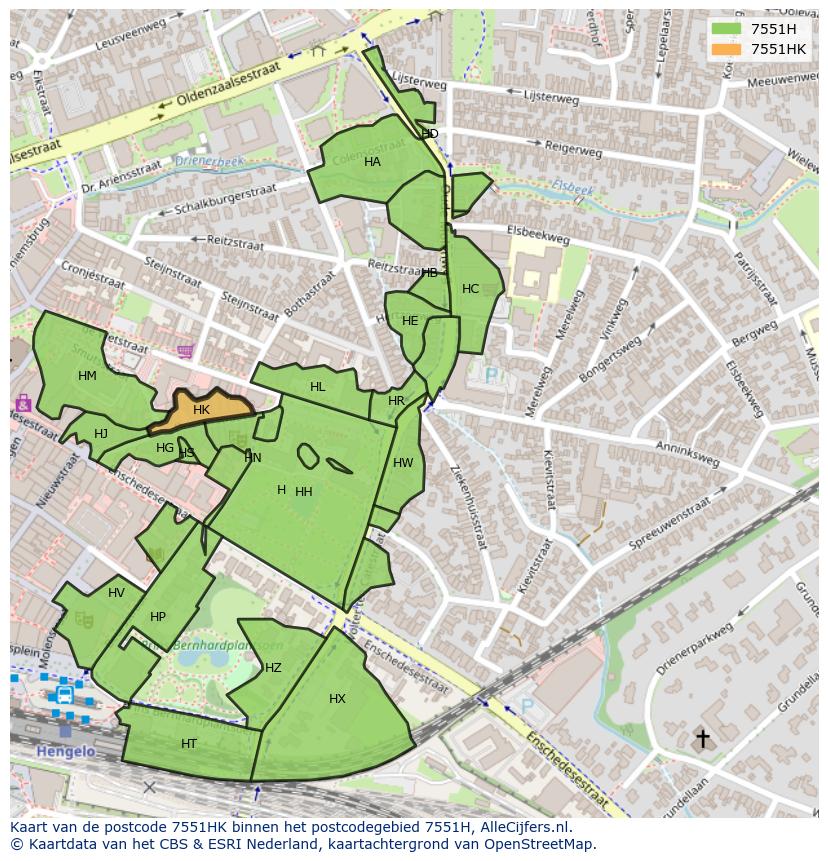 Afbeelding van het postcodegebied 7551 HK op de kaart.