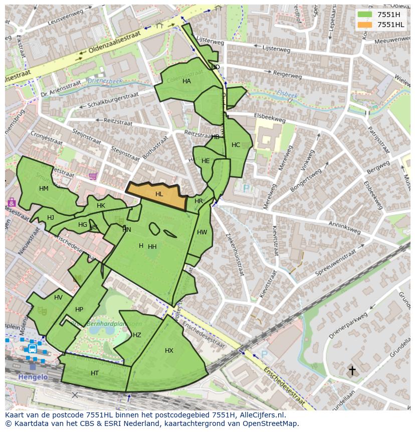 Afbeelding van het postcodegebied 7551 HL op de kaart.