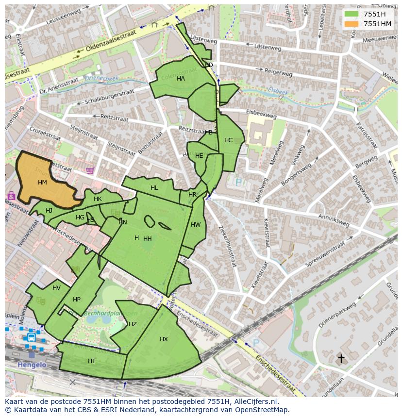 Afbeelding van het postcodegebied 7551 HM op de kaart.