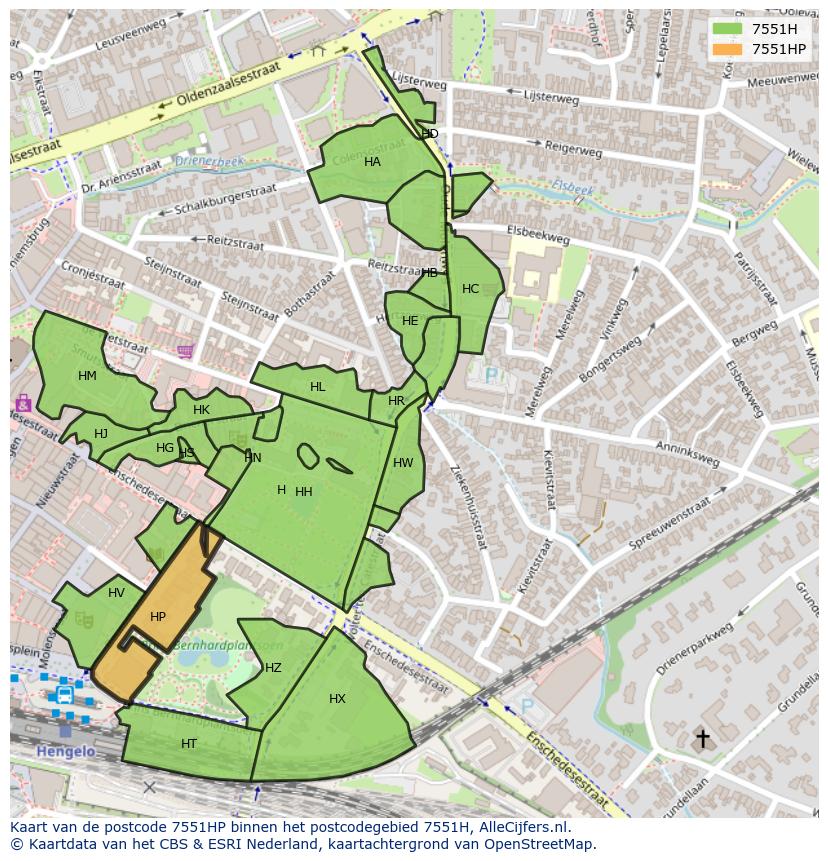 Afbeelding van het postcodegebied 7551 HP op de kaart.