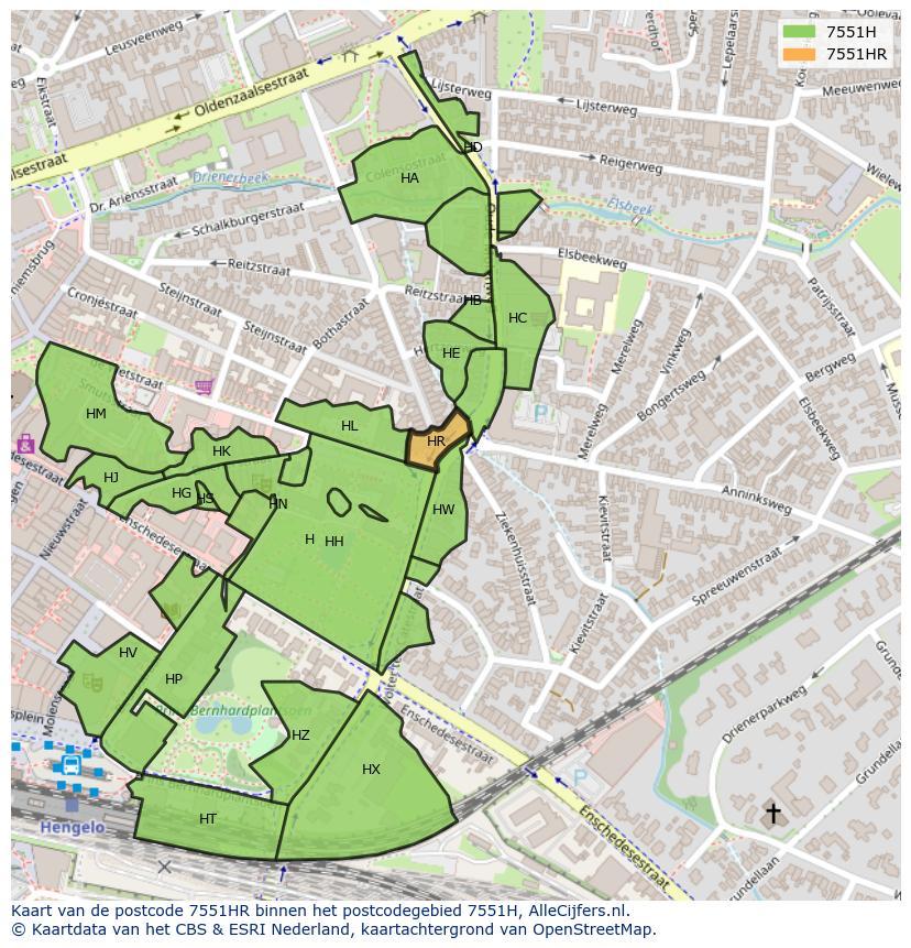 Afbeelding van het postcodegebied 7551 HR op de kaart.