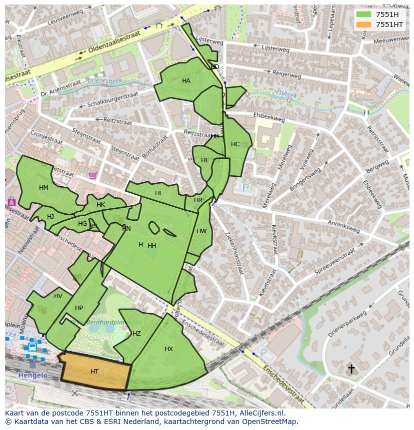 Afbeelding van het postcodegebied 7551 HT op de kaart.