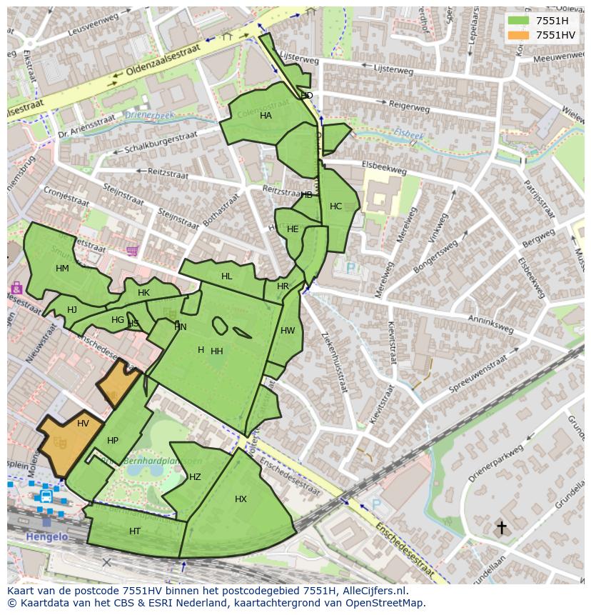 Afbeelding van het postcodegebied 7551 HV op de kaart.