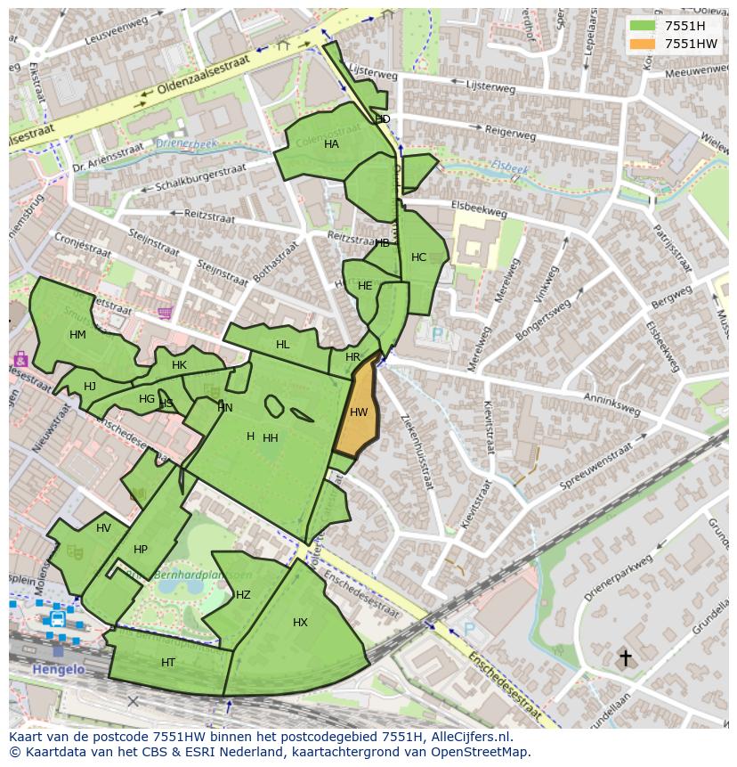 Afbeelding van het postcodegebied 7551 HW op de kaart.