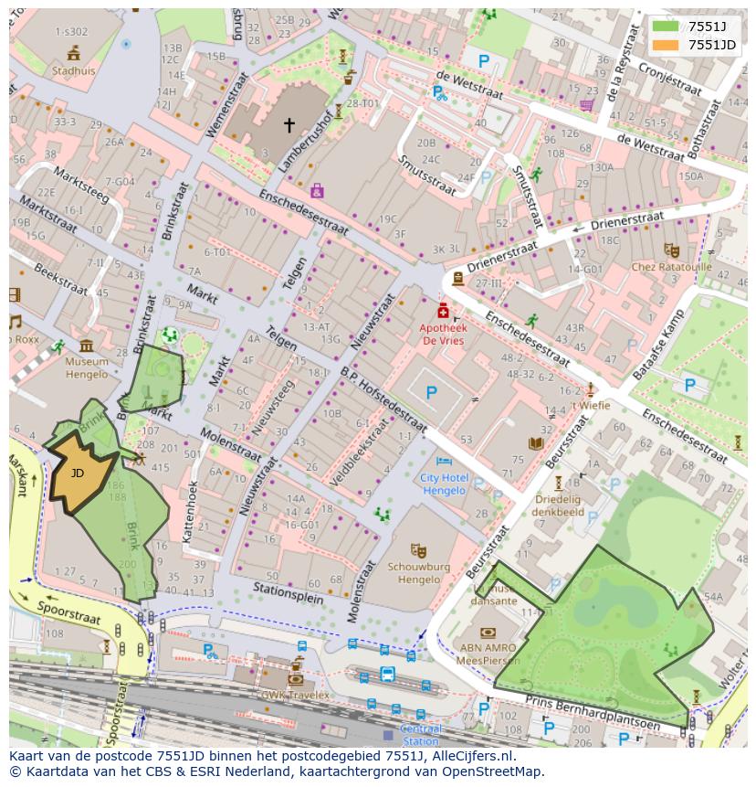 Afbeelding van het postcodegebied 7551 JD op de kaart.