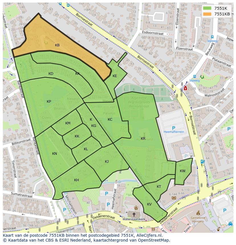 Afbeelding van het postcodegebied 7551 KB op de kaart.