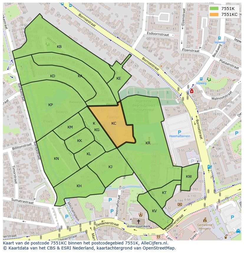 Afbeelding van het postcodegebied 7551 KC op de kaart.