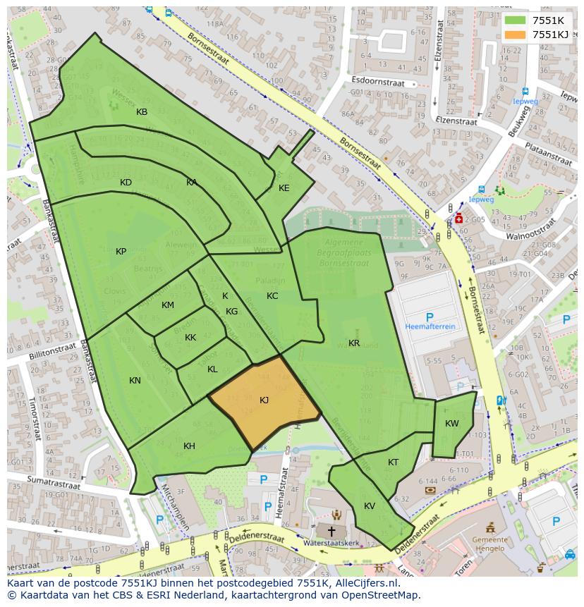 Afbeelding van het postcodegebied 7551 KJ op de kaart.