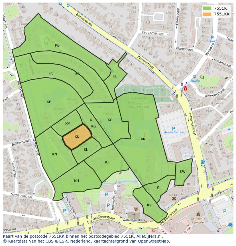 Afbeelding van het postcodegebied 7551 KK op de kaart.