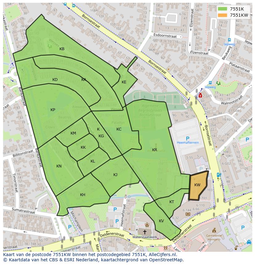 Afbeelding van het postcodegebied 7551 KW op de kaart.