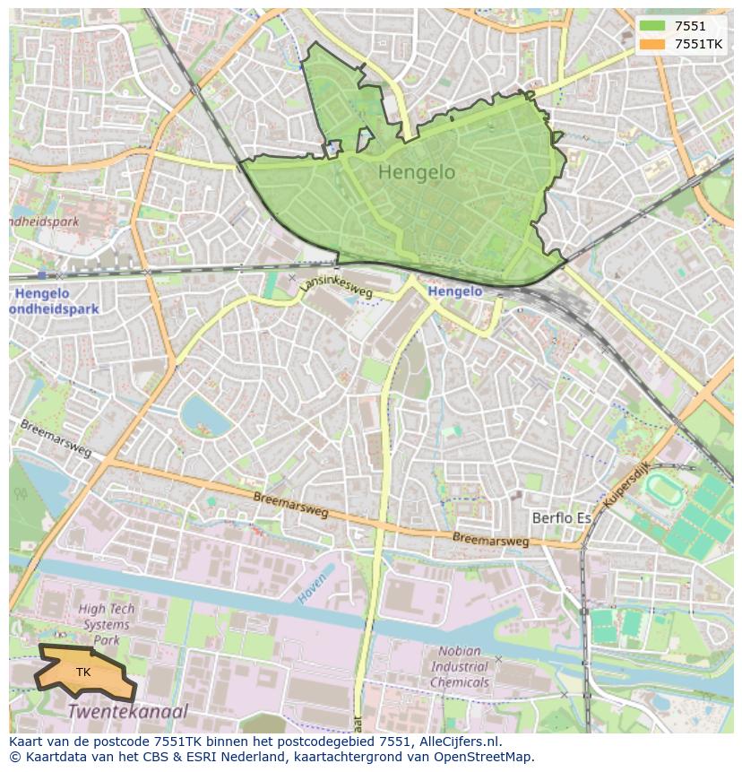 Afbeelding van het postcodegebied 7551 TK op de kaart.
